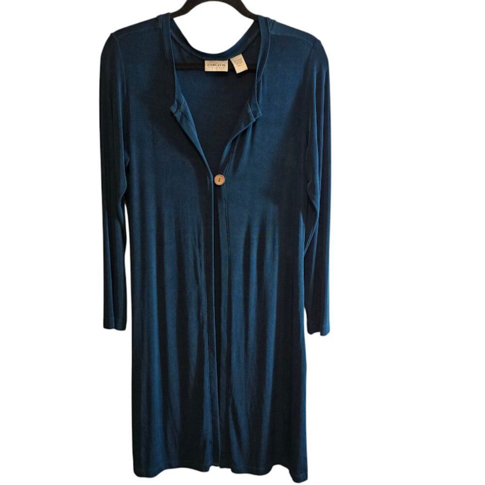 CHICOS TEAL BLUE LONG DUSTER CARDIGAN FRONT BUTTON SIDE SLIT SIZE 1 MEDIUM (8)